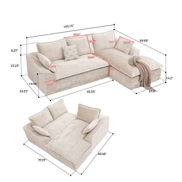 English Elm 103 Inch Modular Chenille Sectional Sofa with Deep Seating High Back Reversible Chaise Beige - B W1170S00047