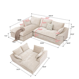 English Elm 103 Inch Modular Chenille Sectional Sofa with Deep Seating High Back Reversible Chaise Beige - A W1170S00048