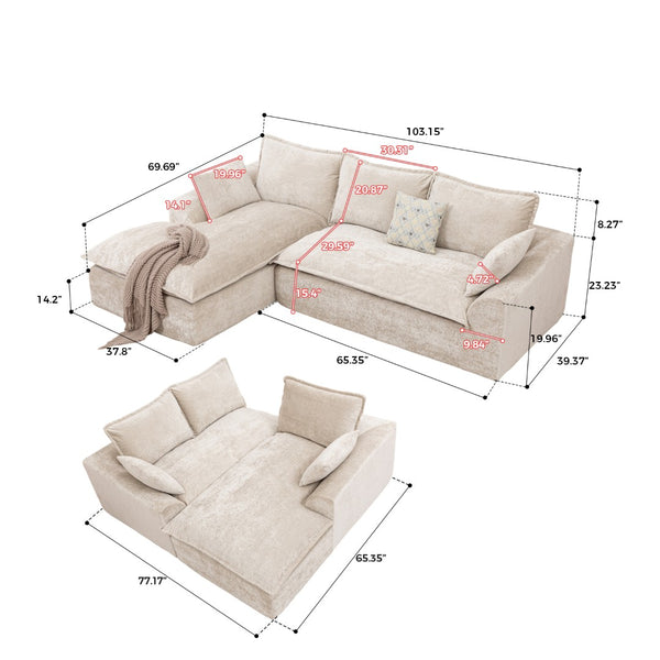English Elm 103 Inch Modular Chenille Sectional Sofa with Deep Seating High Back Reversible Chaise Beige - A W1170S00048