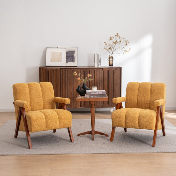 English Elm Mid-Century Modern Chenille Lounge Chairs Set of 2 with Walnut Oak Frame for Living Room W1170S00053