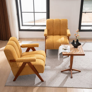 English Elm Mid-Century Modern Chenille Lounge Chairs Set of 2 with Walnut Oak Frame for Living Room W1170S00053