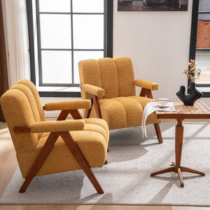 English Elm Mid-Century Modern Chenille Lounge Chairs Set of 2 with Walnut Oak Frame for Living Room W1170S00053