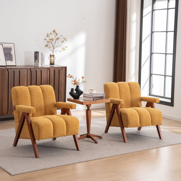 English Elm Mid-Century Modern Chenille Lounge Chairs Set of 2 with Walnut Oak Frame for Living Room W1170S00053