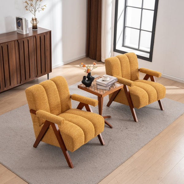 English Elm Mid-Century Modern Chenille Lounge Chairs Set of 2 with Walnut Oak Frame for Living Room W1170S00053