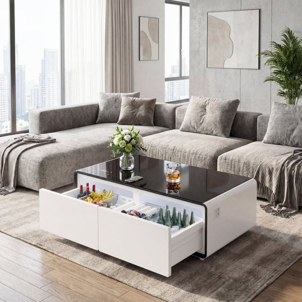 English Elm Modern Smart Coffee Table with Built in Fridge Wireless Charging and RGB Ambient Light W1172P476230
