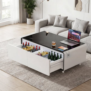 English Elm Modern Smart Coffee Table with Built in Fridge Wireless Charging and RGB Ambient Light W1172P476230
