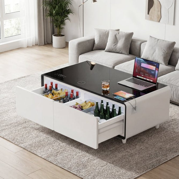 English Elm Modern Smart Coffee Table with Built in Fridge Wireless Charging and RGB Ambient Light W1172P476230