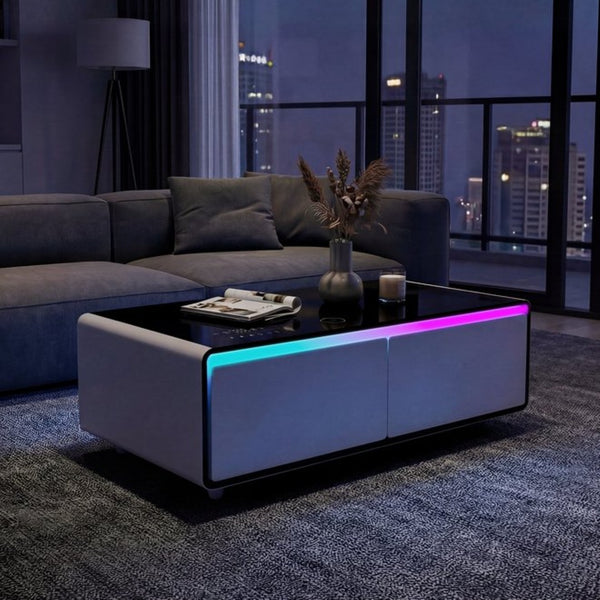 English Elm Modern Smart Coffee Table with Built in Fridge Wireless Charging and RGB Ambient Light W1172P476230