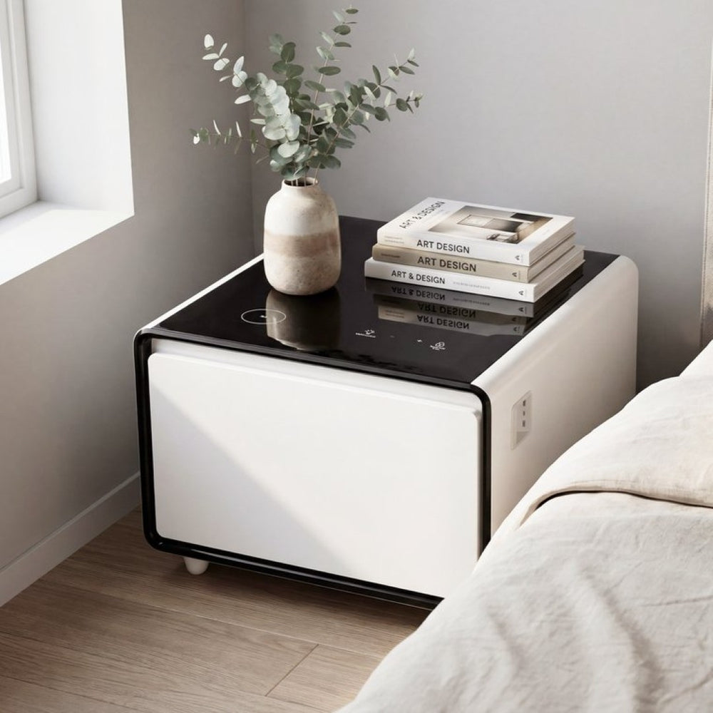 English Elm Modern Smart Side Table with Fridge Wireless Charging Usb Ports and Ambient Led Light W1172P476236