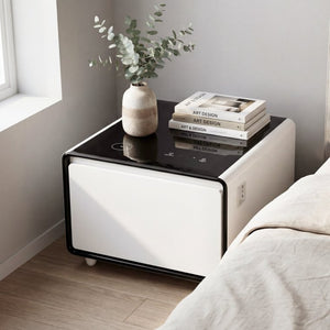 English Elm Modern Smart Side Table with Fridge Wireless Charging Usb Ports and Ambient Led Light W1172P476236