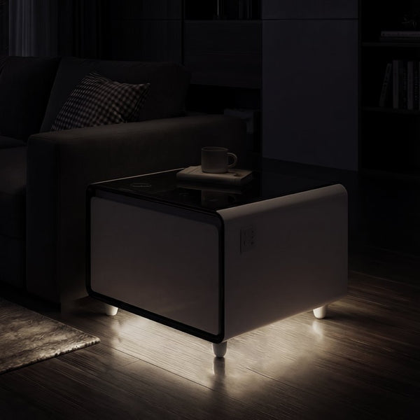 English Elm Modern Smart Side Table with Fridge Wireless Charging Usb Ports and Ambient Led Light W1172P476236