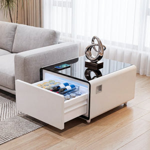 English Elm Modern Smart Side Table with Fridge Wireless Charging Usb Ports and Ambient Led Light W1172P476236