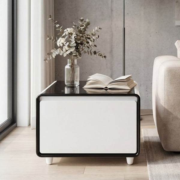 English Elm Modern Smart Side Table with Fridge Wireless Charging Usb Ports and Ambient Led Light W1172P476236