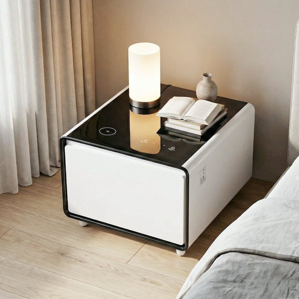 English Elm Modern Smart Side Table with Fridge Wireless Charging Usb Ports and Ambient Led Light W1172P476236