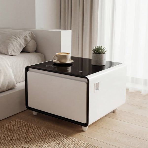 English Elm Modern Smart Side Table with Fridge Wireless Charging Usb Ports and Ambient Led Light W1172P476236