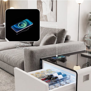 English Elm Modern Smart Side Table with Fridge Wireless Charging Usb Ports and Ambient Led Light W1172P476236