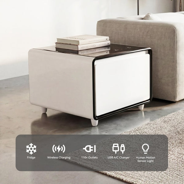English Elm Modern Smart Side Table with Fridge Wireless Charging Usb Ports and Ambient Led Light W1172P476236