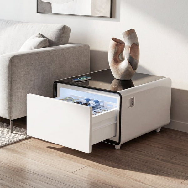 English Elm Modern Smart Side Table with Fridge Wireless Charging Usb Ports and Ambient Led Light W1172P476236