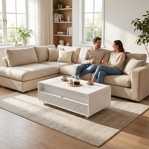 English Elm Modern Coffee Table with Built in Fridge Power Outlets and Manual Temperature Control W1172P483607