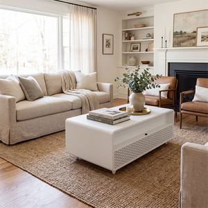 English Elm Modern Coffee Table with Built in Fridge Power Outlets and Manual Temperature Control W1172P483607