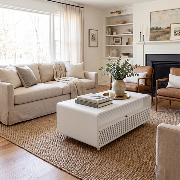 English Elm Modern Coffee Table with Built in Fridge Power Outlets and Manual Temperature Control W1172P483607
