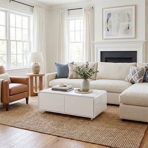 English Elm Modern Coffee Table with Built in Fridge Power Outlets and Manual Temperature Control W1172P483607