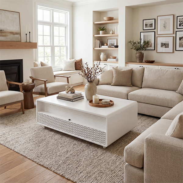 English Elm Modern Coffee Table with Built in Fridge Power Outlets and Manual Temperature Control W1172P483607