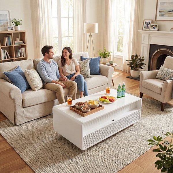 English Elm Modern Coffee Table with Built in Fridge Power Outlets and Manual Temperature Control W1172P483607