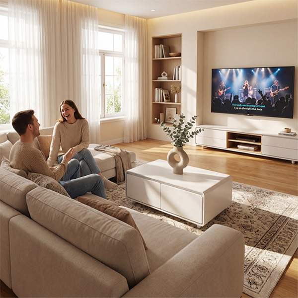 English Elm Modern Coffee Table with Built in Fridge Power Outlets and Manual Temperature Control W1172P483607