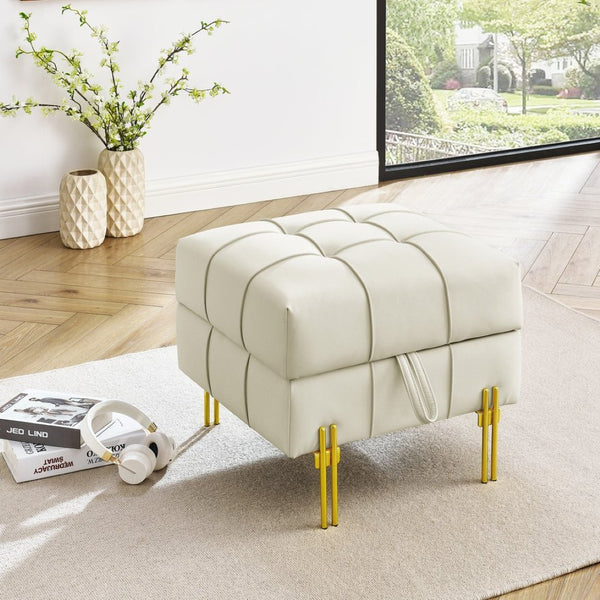 English Elm 22 Inch Tufted Faux Leather Storage Ottoman with Golden Steel Legs for Living Room W1191P196357