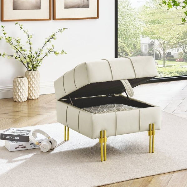 English Elm 22 Inch Tufted Faux Leather Storage Ottoman with Golden Steel Legs for Living Room W1191P196357