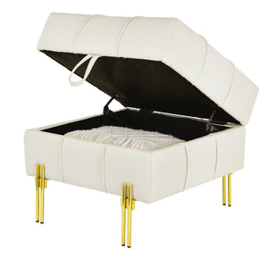 English Elm 22 Inch Tufted Faux Leather Storage Ottoman with Golden Steel Legs for Living Room W1191P196357