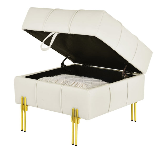 English Elm 22 Inch Tufted Faux Leather Storage Ottoman with Golden Steel Legs for Living Room W1191P196357