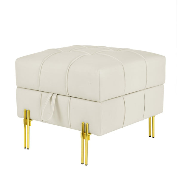 English Elm 22 Inch Tufted Faux Leather Storage Ottoman with Golden Steel Legs for Living Room W1191P196357
