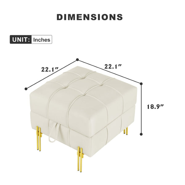 English Elm 22 Inch Tufted Faux Leather Storage Ottoman with Golden Steel Legs for Living Room W1191P196357