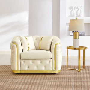 English Elm 40.6 Inch Chesterfield Tufted Velvet Accent Chair Gold Steel Trim Luxury Living Room Seat Beige W1191S00130