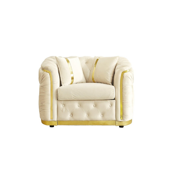 English Elm 40.6 Inch Chesterfield Tufted Velvet Accent Chair Gold Steel Trim Luxury Living Room Seat Beige W1191S00130