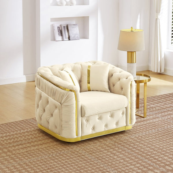 English Elm 40.6 Inch Chesterfield Tufted Velvet Accent Chair Gold Steel Trim Luxury Living Room Seat Beige W1191S00130