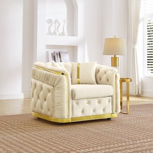 English Elm 40.6 Inch Chesterfield Tufted Velvet Accent Chair Gold Steel Trim Luxury Living Room Seat Beige W1191S00130
