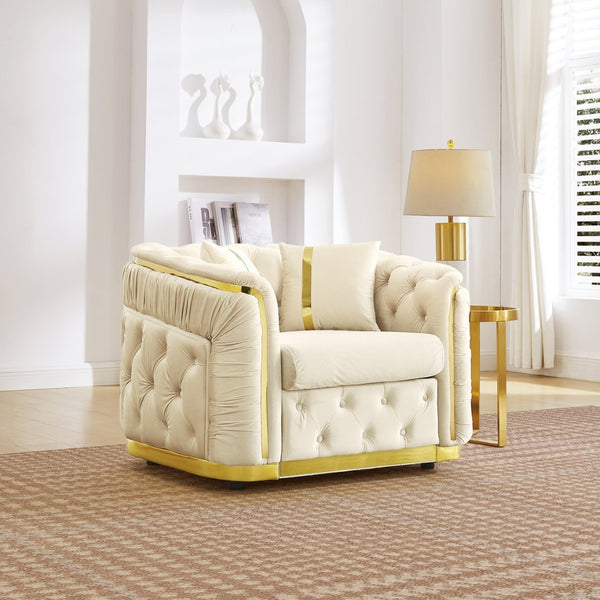 English Elm 40.6 Inch Chesterfield Tufted Velvet Accent Chair Gold Steel Trim Luxury Living Room Seat Beige W1191S00130