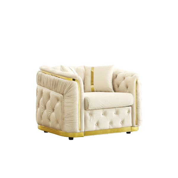 English Elm 40.6 Inch Chesterfield Tufted Velvet Accent Chair Gold Steel Trim Luxury Living Room Seat Beige W1191S00130
