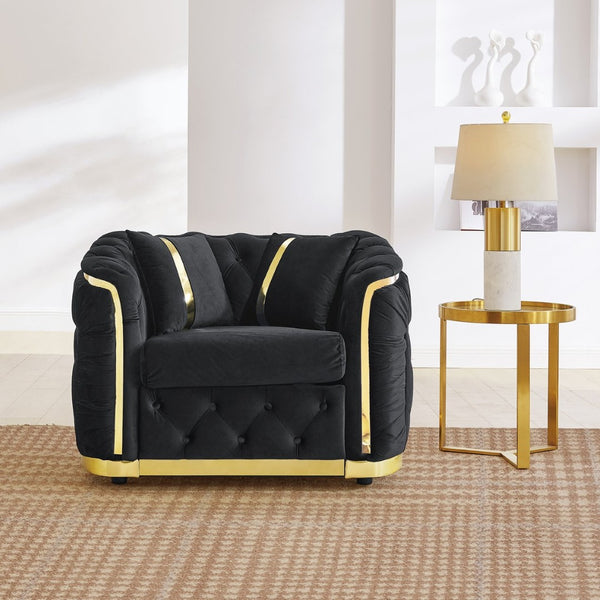 English Elm 40.6 Inch Chesterfield Tufted Velvet Accent Chair Gold Steel Trim Luxury Living Room Seat Black W1191S00131