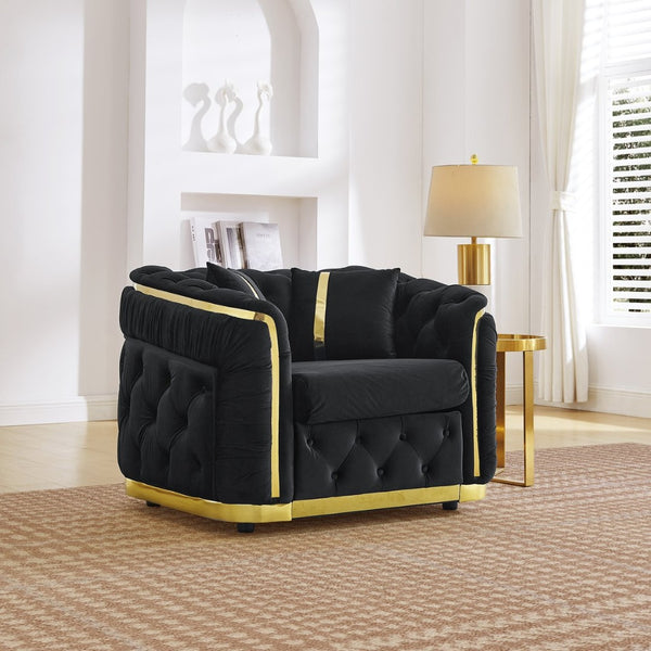 English Elm 40.6 Inch Chesterfield Tufted Velvet Accent Chair Gold Steel Trim Luxury Living Room Seat Black W1191S00131