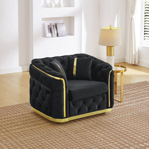 English Elm 40.6 Inch Chesterfield Tufted Velvet Accent Chair Gold Steel Trim Luxury Living Room Seat Black W1191S00131