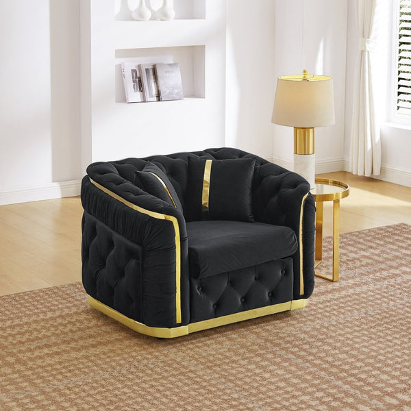 English Elm 40.6 Inch Chesterfield Tufted Velvet Accent Chair Gold Steel Trim Luxury Living Room Seat Black W1191S00131