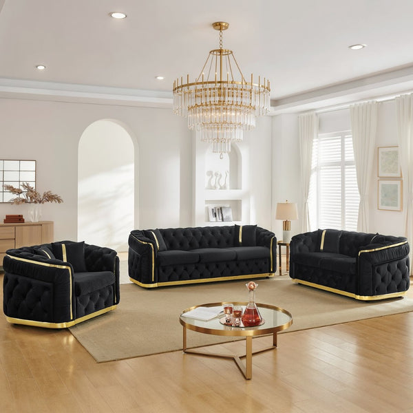 English Elm 3 Piece Chesterfield Velvet Sofa Set with Gold Steel Trim Button Tufted Living Room Suite Black W1191S00132