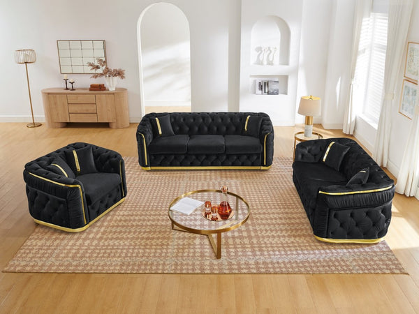 English Elm 3 Piece Chesterfield Velvet Sofa Set with Gold Steel Trim Button Tufted Living Room Suite Black W1191S00132