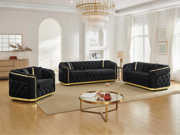 English Elm 3 Piece Chesterfield Velvet Sofa Set with Gold Steel Trim Button Tufted Living Room Suite Black W1191S00132