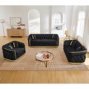 English Elm 3 Piece Chesterfield Velvet Sofa Set with Gold Steel Trim Button Tufted Living Room Suite Black W1191S00132