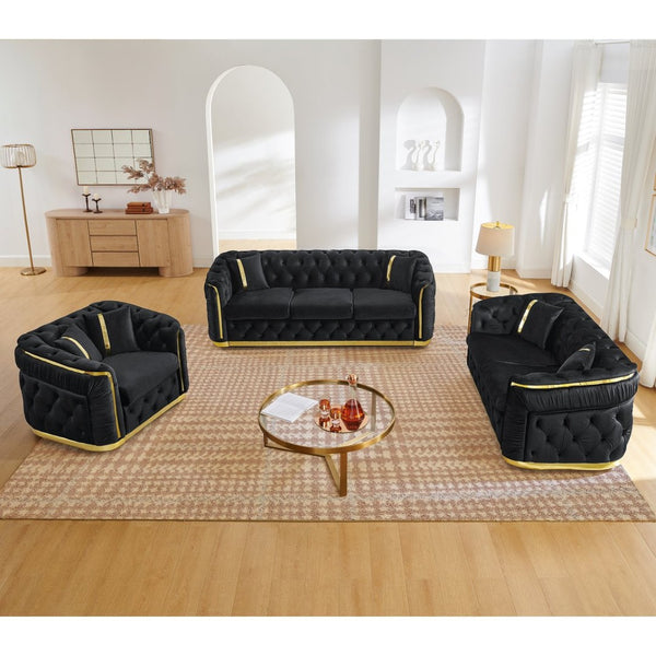 English Elm 3 Piece Chesterfield Velvet Sofa Set with Gold Steel Trim Button Tufted Living Room Suite Black W1191S00132